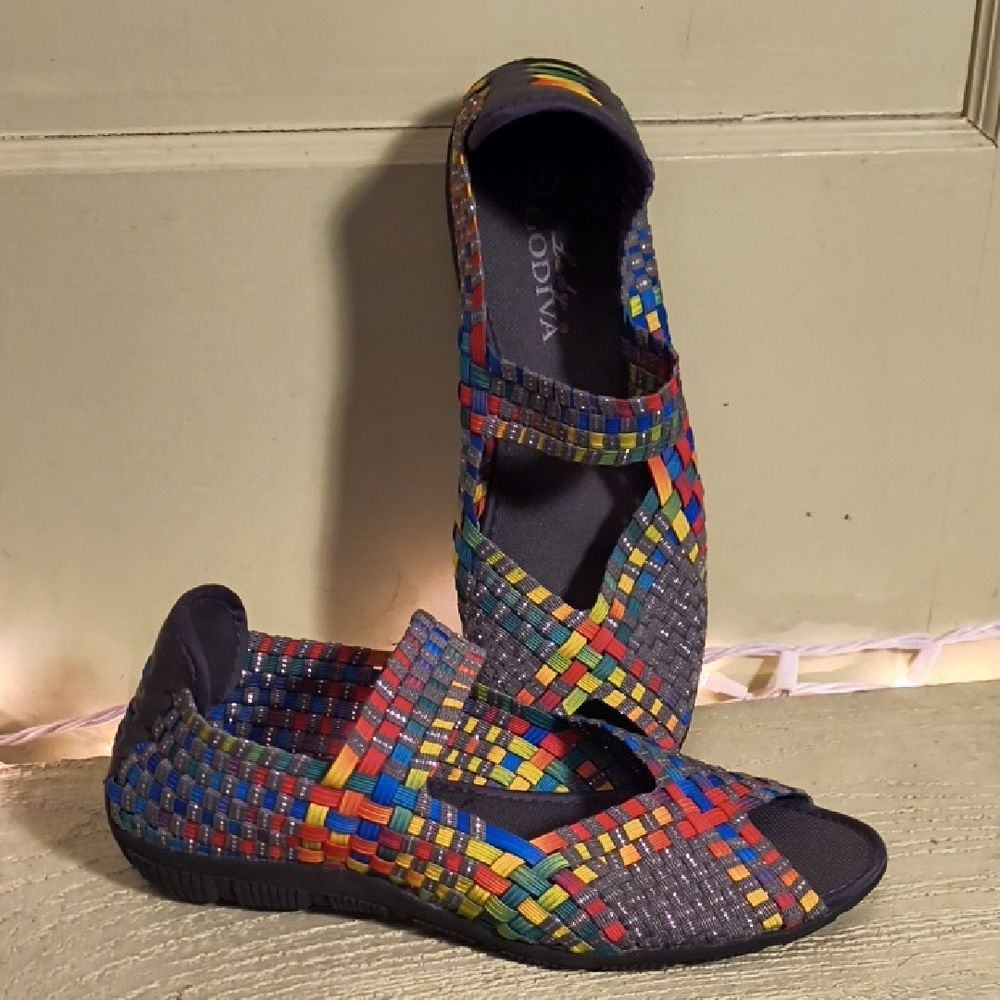 Women's Lady Godiva Hot Rainbow 🌈 Elastic Peeptoe Rubber Sole Flat 7